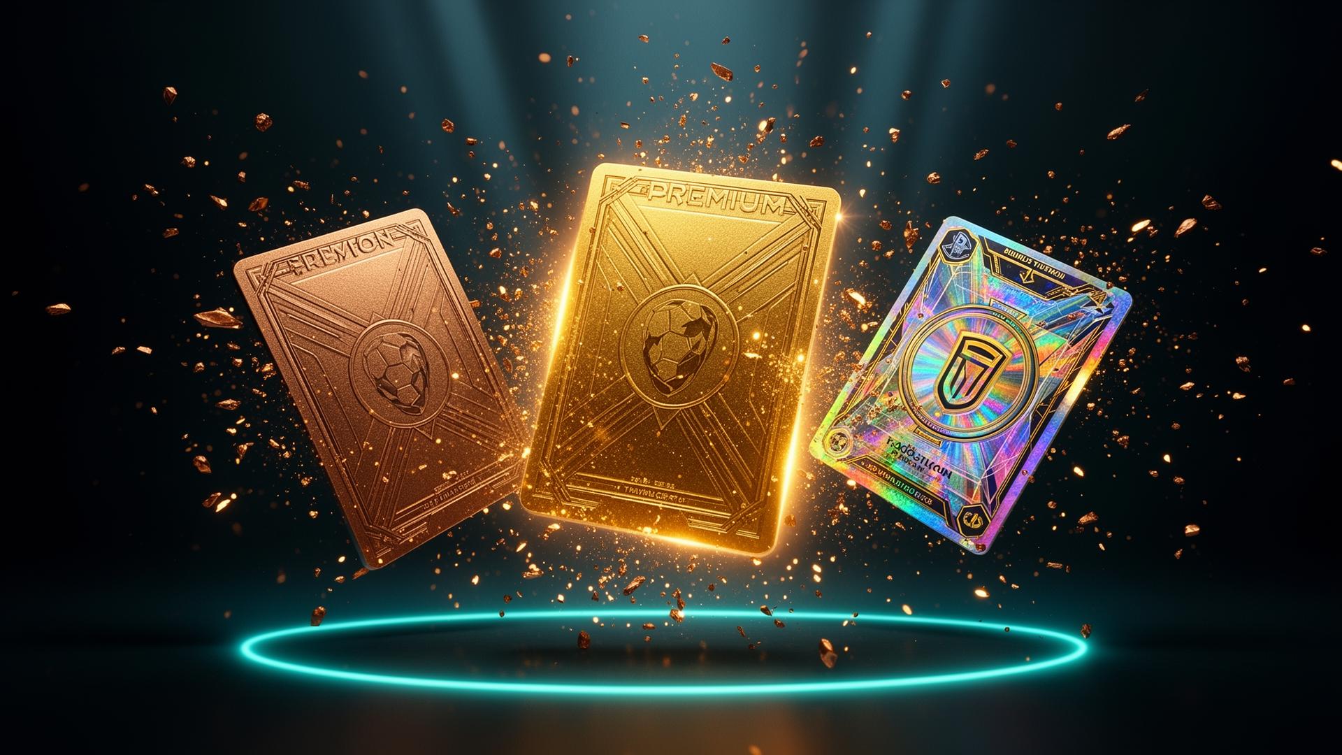Football trading cards exploding from a pack with bronze, gold and icon rarities