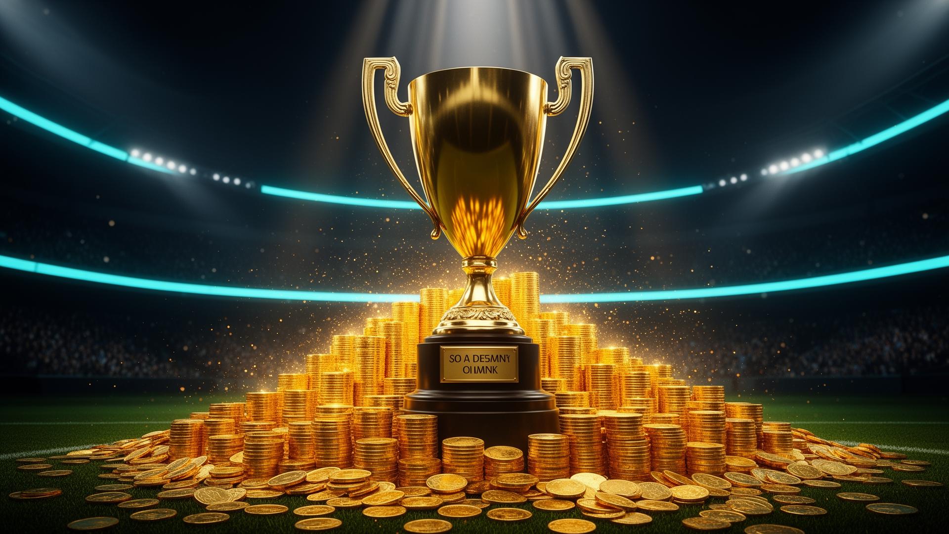 Golden trophy surrounded by stacks of glowing coins