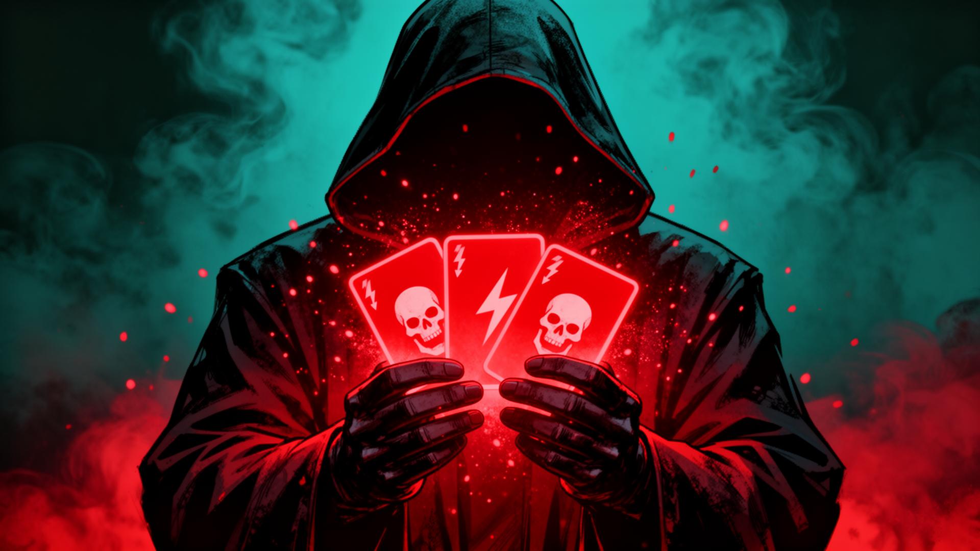 Hooded figure holding glowing red sabotage cards with skull symbols
