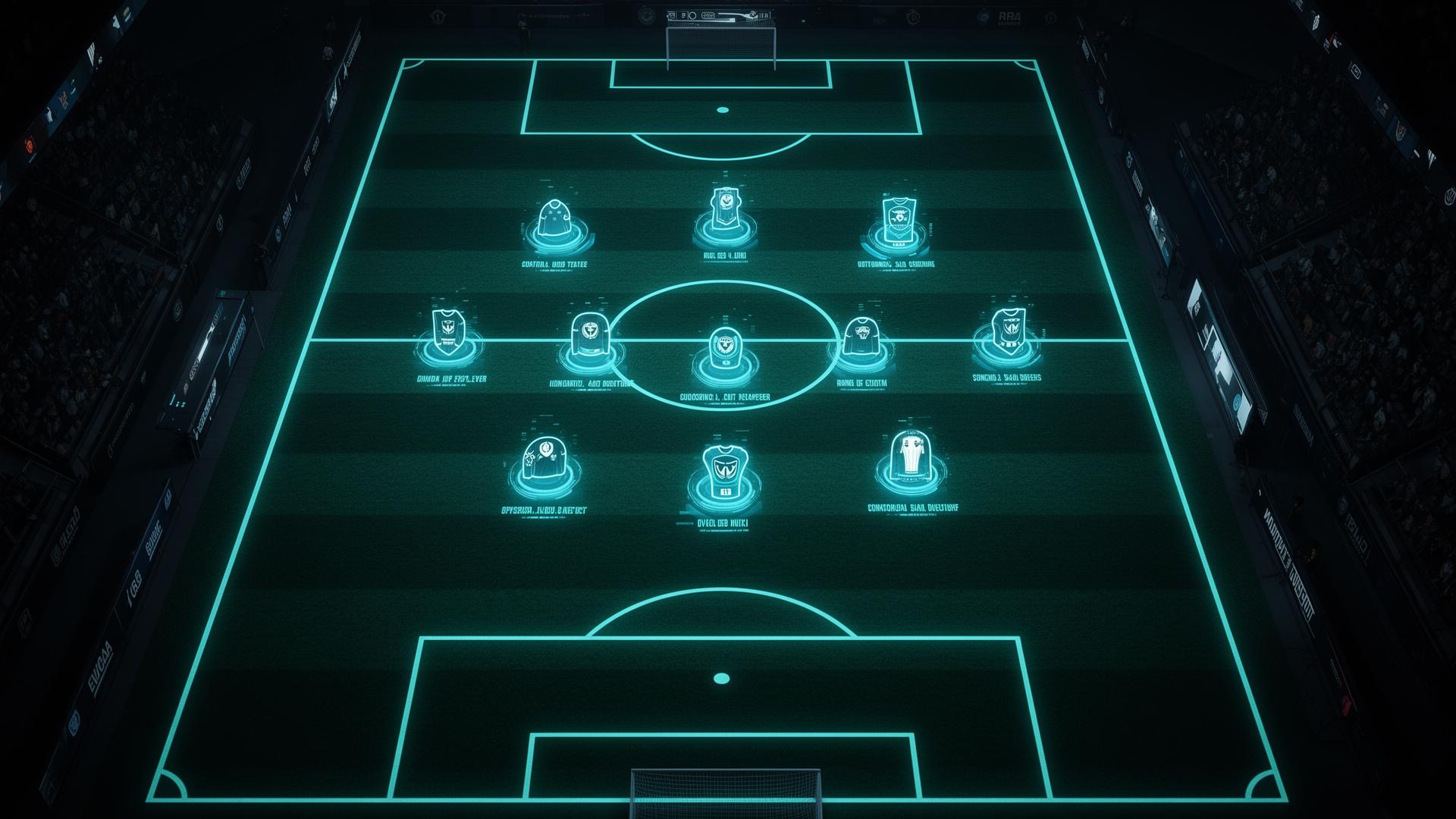 Tactical pitch with 11 glowing player positions in a 4-3-3 formation