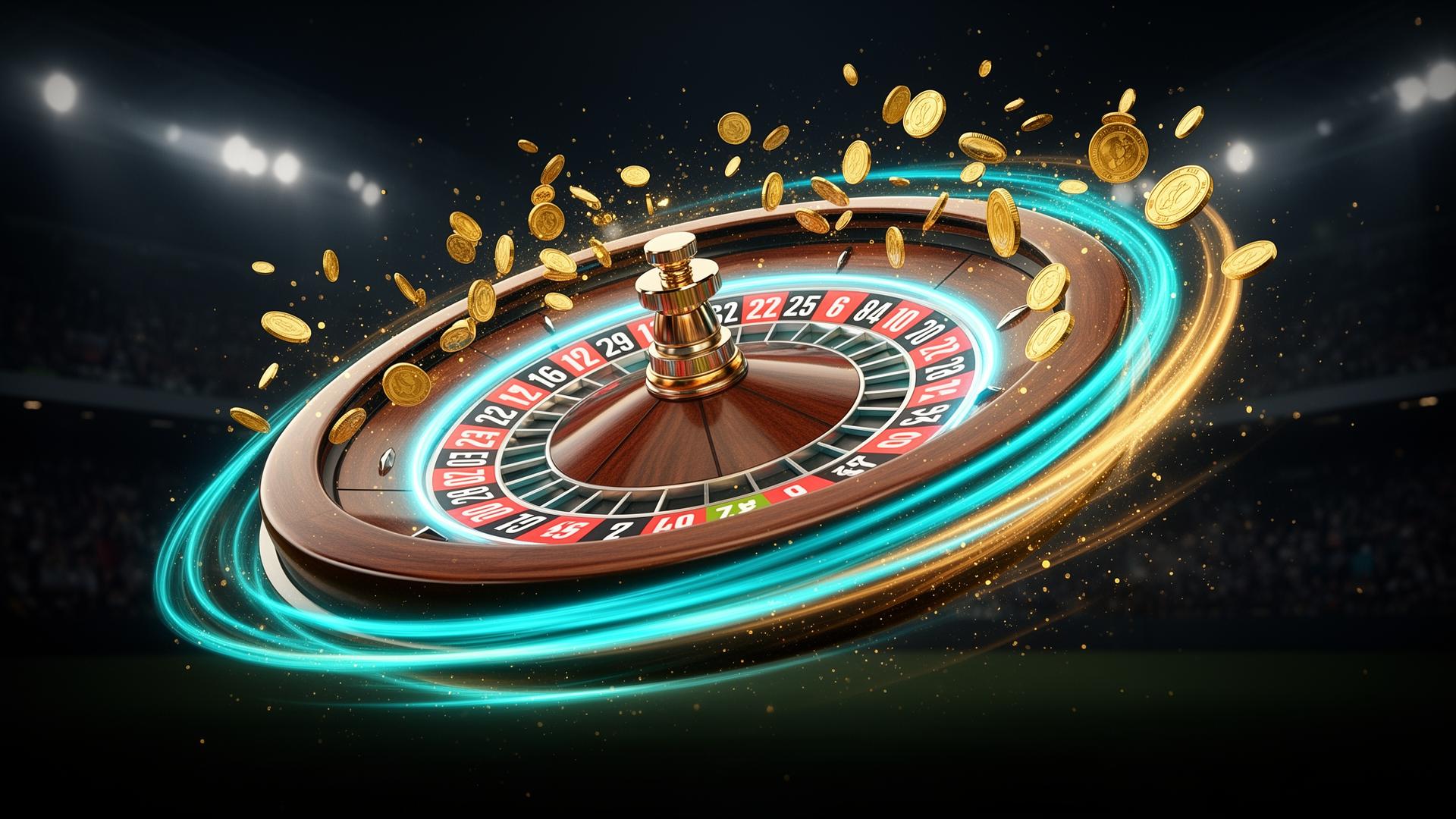 Glowing roulette wheel with coins exploding outward
